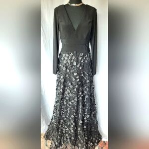 Xscape Black 3D Floral Dress Size‎ 8 V Neck Whimsigoth Dark Fairy Side Split